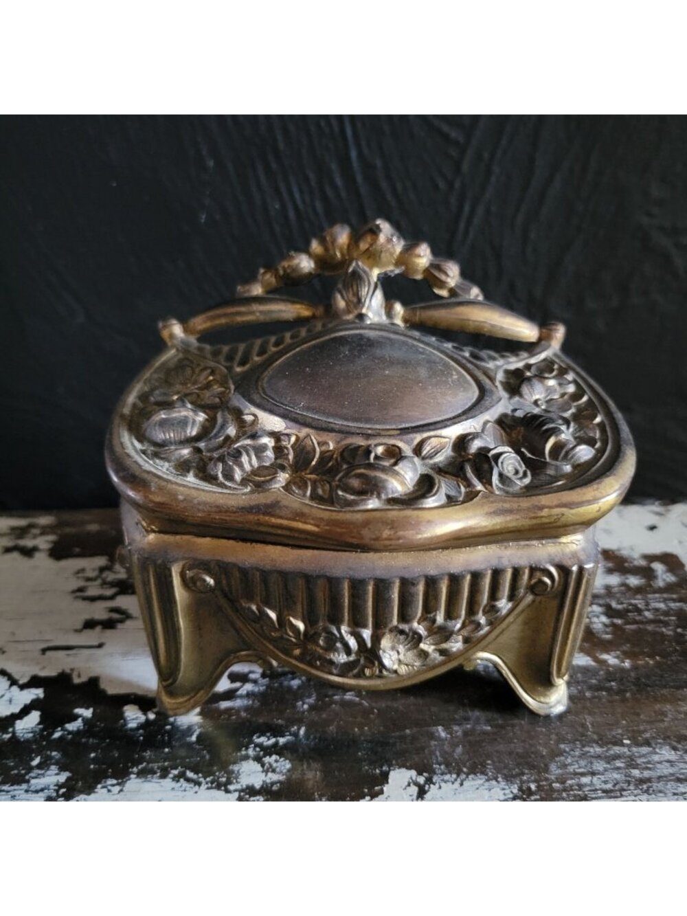 Antique Art Nouveau Gilt Metal Jewelry Casket Ornate Floral & Repoussé Detailing